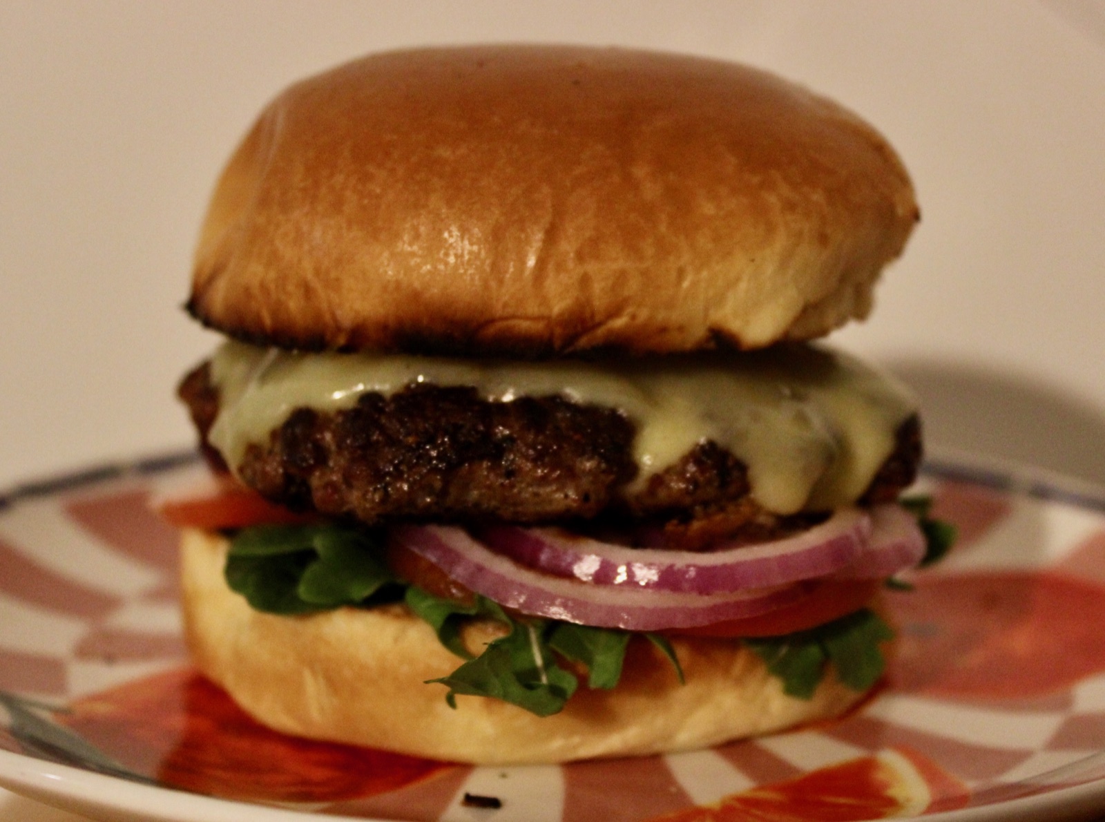 Beef burger with melted cheddar, red onion, tomato and rocket in a brioche bun