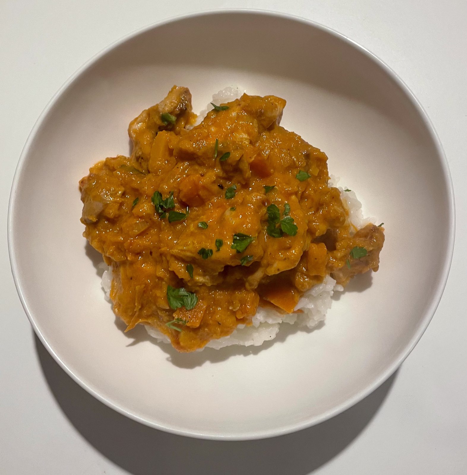 Butternut squash chicken curry over rice